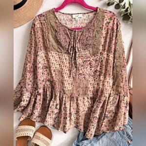 Easel Boho Floral Peplum Blouse | Lace Detail Sheer Romantic Top Size L